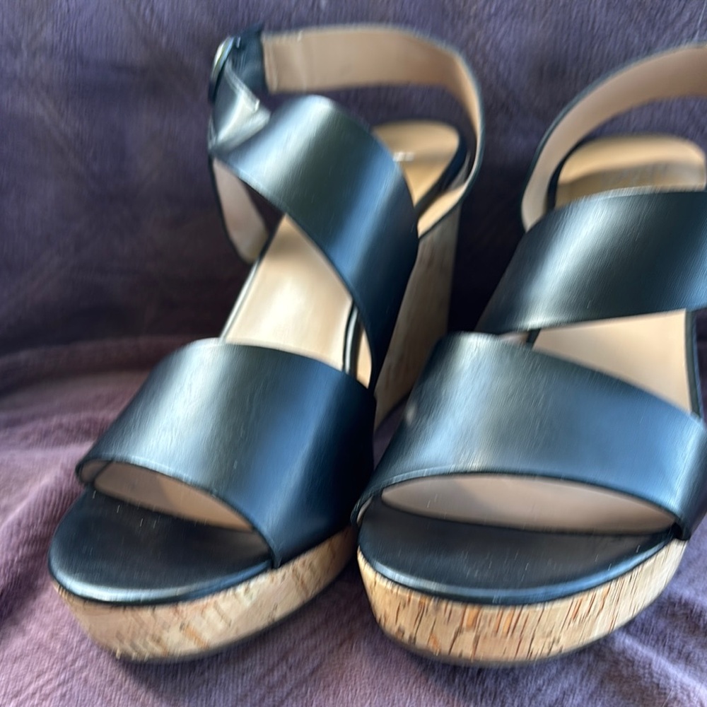 Franco Sarto Black and Tan Wedge Sandals with Cork Heel
